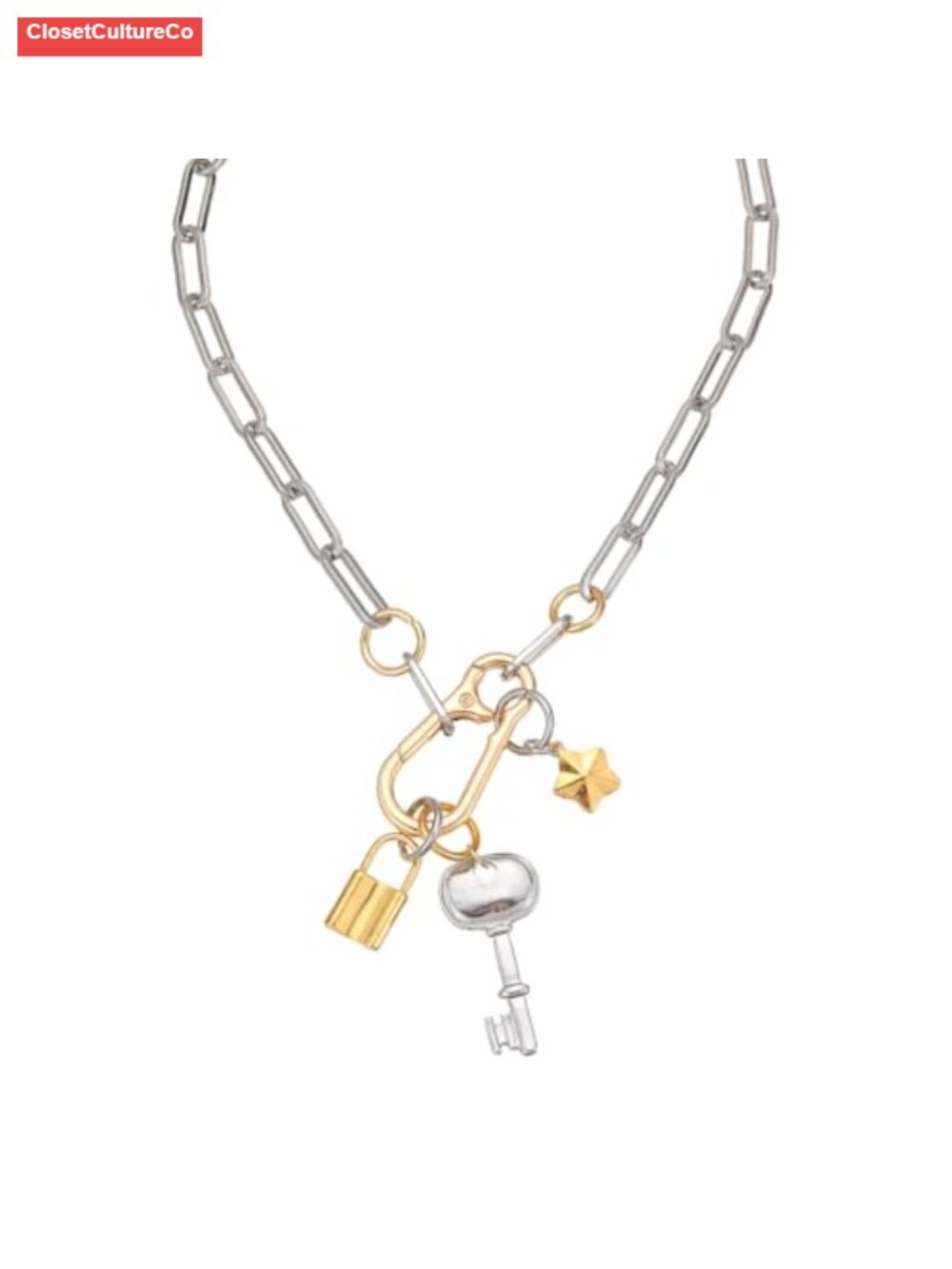 Two Tone Mixed Metal Lock & Key Pendant Necklace 19-21"